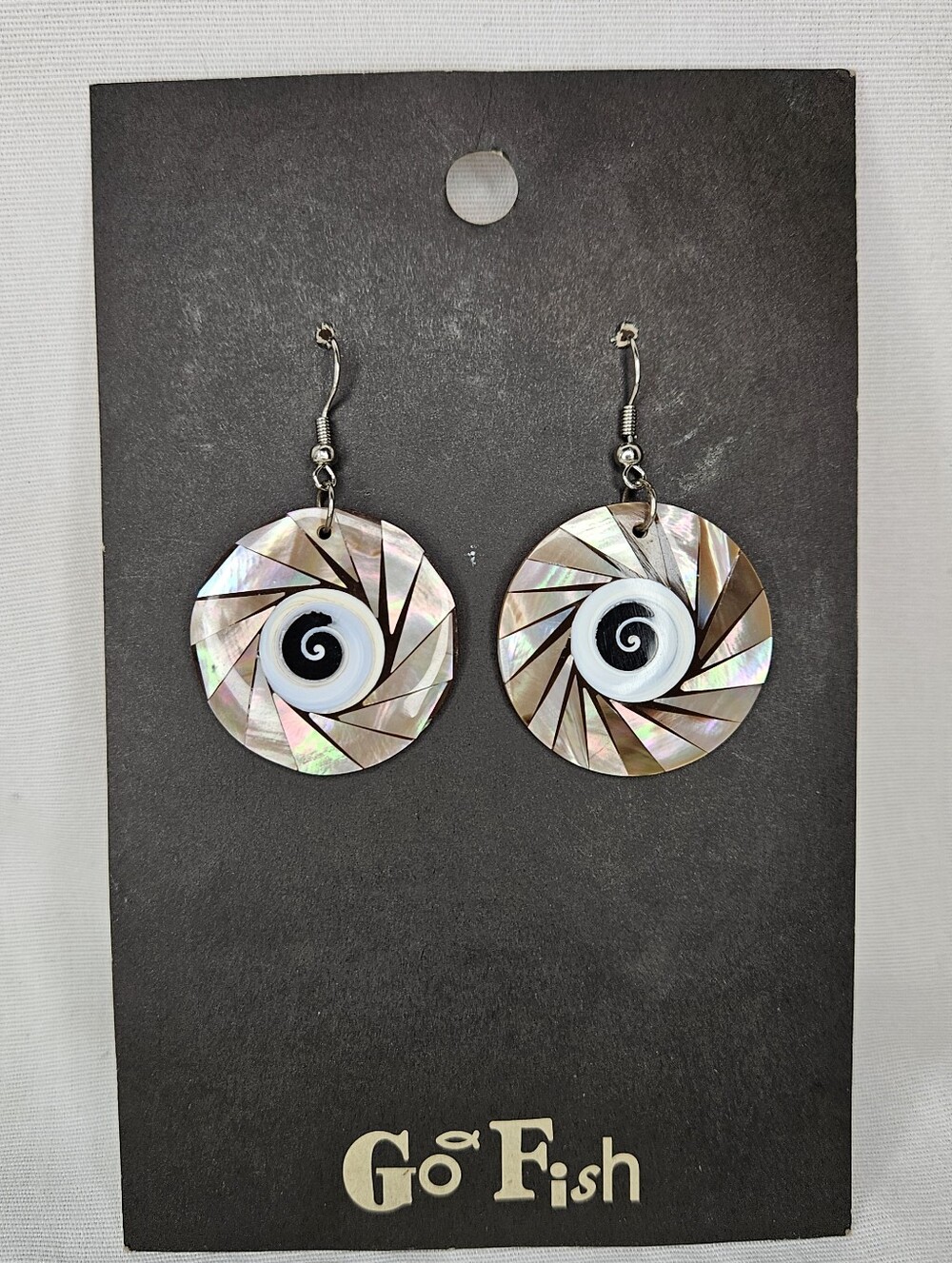 Go Fish NWT Shiva Eye Shell Earrings Mother of Pearl Abalone Pinwheel Dangle